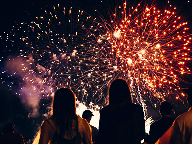 People from behind watching fireworks in the sky